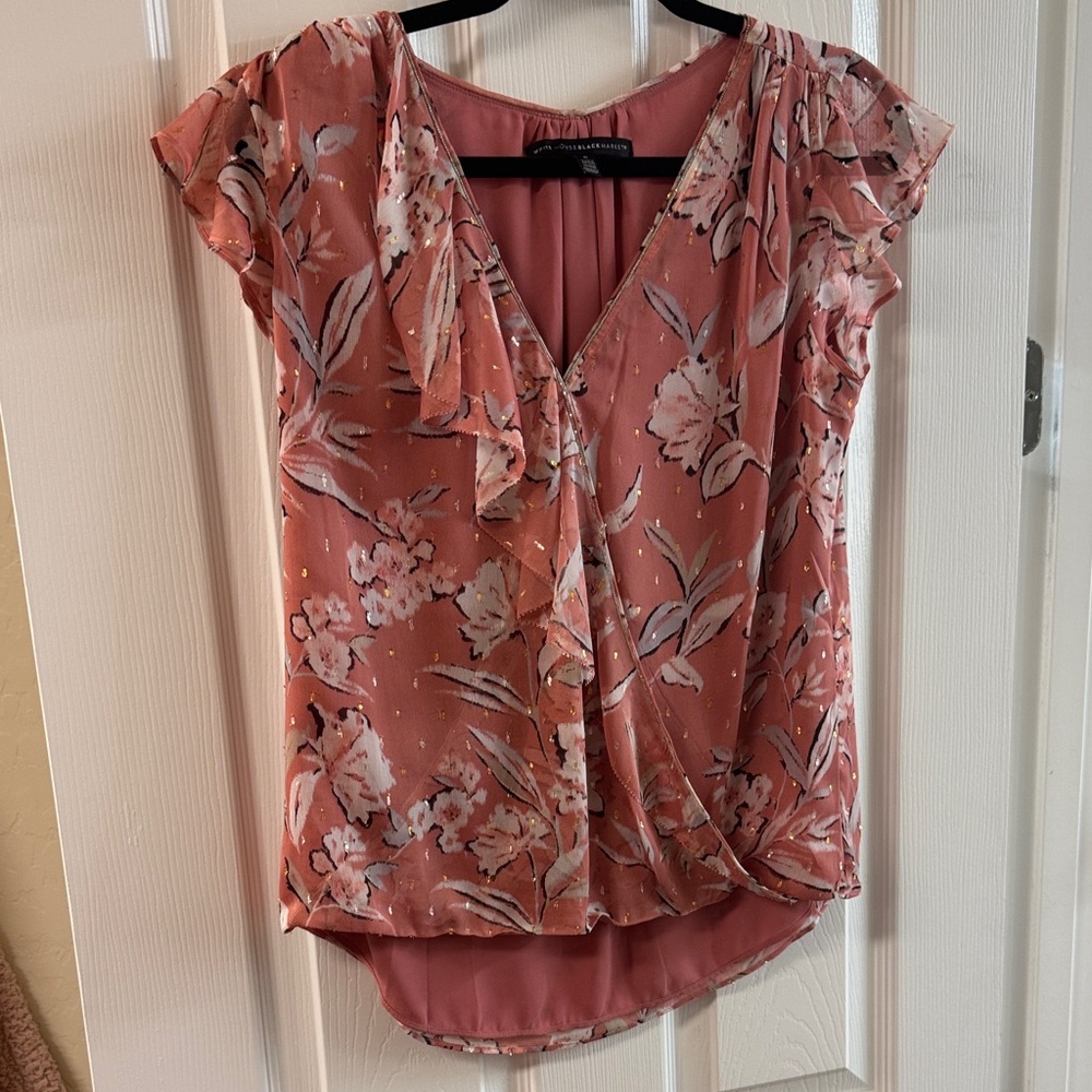 White House Black Market Floral Blouse in Coral Pink